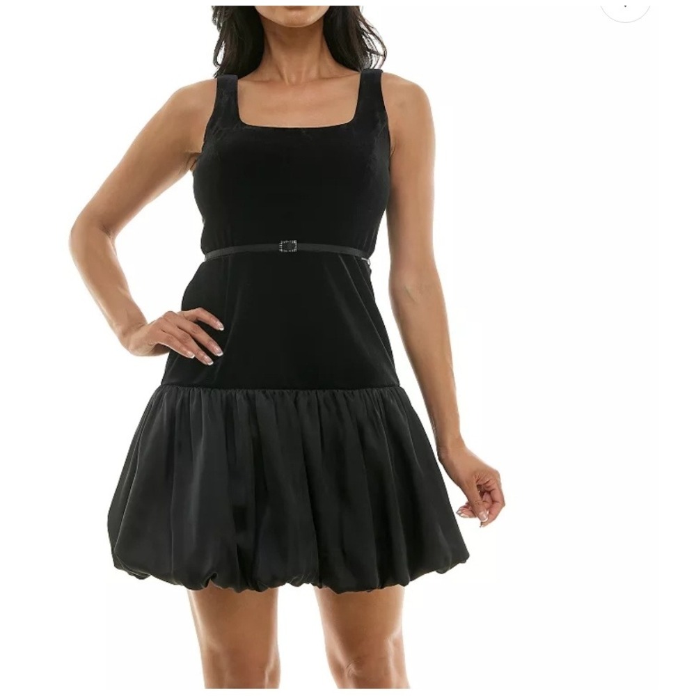 Maison Tara Fit and Flare Velvet Satin Dress LBD Black Bubble Hem Coquette 14